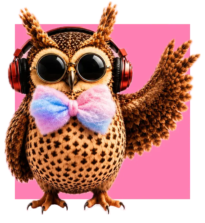 SOVORA owl wearing a cotton candy bow tie