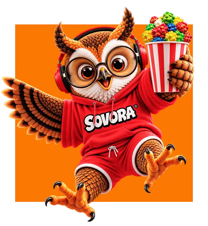 SOVORA owl holding colorful popcorn